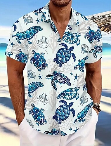 Voor heren Schildpadden Zeewezens Hawaiiaans overhemd Overhemd met knopen Korte mouw Hawaii Toevlucht Vakantie Feestdagen Strand Kleding Zomer Lente Strijkijzer shirts met kraag blauw