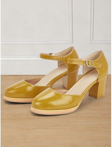  Gele Mary Jane-pumps met blokhak voor dames, ronde neus en verstelbare band voor retrostijl, kantoorkleding en formele gelegenheden