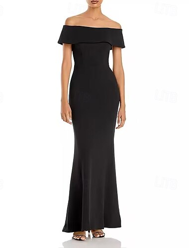  Robe de soirée sirène  trompette Robe élégante Soirée Fête Cravate noire Gala Longueur de sol Manches courtes Hors épaule Famille Wednesday Addams Coton mélangé Dos nu avec volants Châle