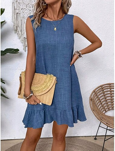  Per donna Mini abito Abito casual Abito senza maniche Moda Essenziale Informale Da mare Giornaliero Standard Liscio Senza maniche Girocollo Rosa Blu Verde Albicocca Estate