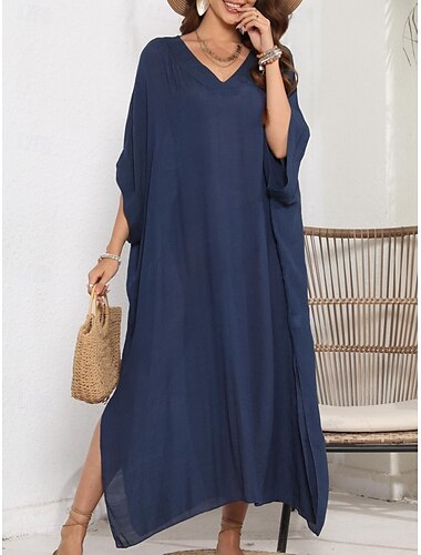  Femmes Robe Longue Maxi Robe Robes inspirées du lin Robe Décontractée Robe en coton et lin Robe en Coton Basique Occasionnel Vacances Quotidien Coupe régulière Uni Manche 3/4 Col en V Noir bleu marine