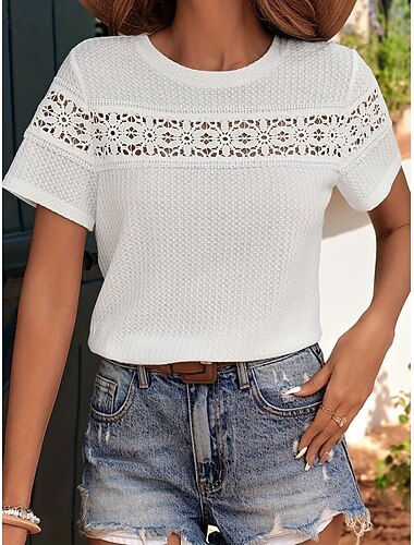  Dames Boho-shirt T-shirt Lapwerk Vetergat Effen Modieus Modern Casual Korte mouw Strakke ronde hals Normale tops Dagelijks Weekend Wit Zomer Lente