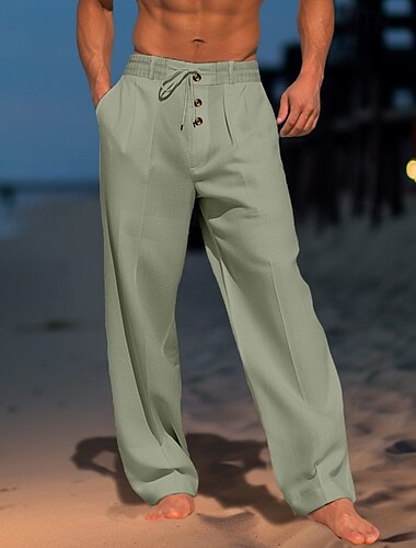  Per uomo Pantaloni di lino Pantaloni Pantaloni estivi Pantaloni di garza A cordoncino Vita elastica Gamba dritta Liscio Comfort Traspirante Lunghezza intera Giornaliero Per eventi Spiaggia Festivit
