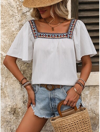  Femmes Chemise Couleur Unie Élégant Occasionnel Manche Courte Col carré Hauts Réguliers Quotidien Patchwork Broderie Noir Blanche Bleu Fuchsia Été