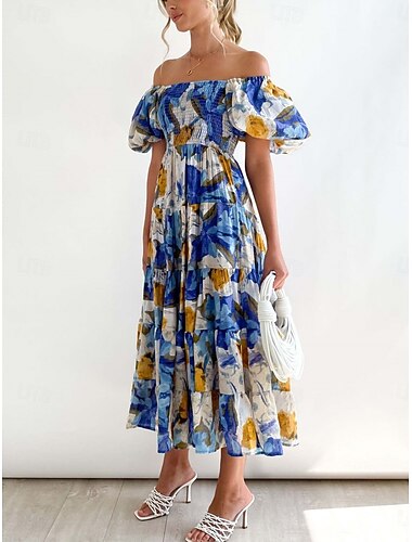  Dam Maxiklänning Vardagsklänning Swingklänning A linjeklänning Stylish Ledigt Semester Dagligen Normal Blommig Kortärmad Över axeln Blå Grön Sommar