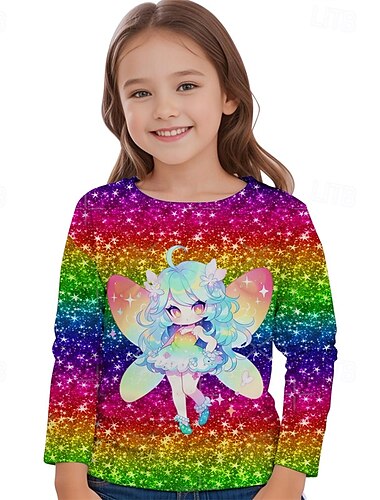  Para Meninas 3D Gráfico Desenho Animado Camisa Camiseta Manga Longa Primavera Outono Moda Básico Infantil 4-12 anos Gola Redonda Ao ar livre Casual Diário Normal