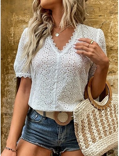  Top Elegante in Pizzo Bianco da Donna con Occhielli Blusa Casual Monocromatica Classica Maniche Corte V Collo Pizzo Occhiello Fit Regolare Quotidiano Bianco Giallo Romantica Petite Estate Vacanze