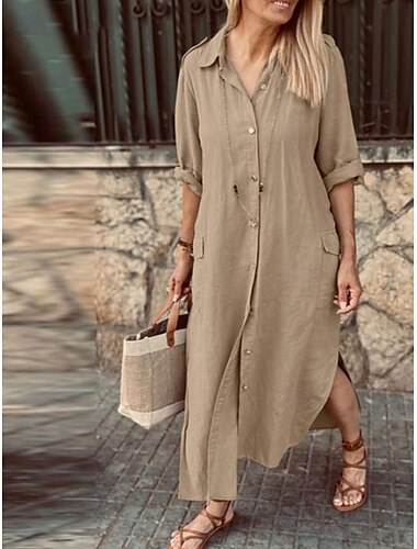  Damen Maxikleid Baumwoll-Leinen-Kleider Freizeitkleid Elegant Stilvoll Basic Urlaub Täglich Date Lässiger Schnitt Einfach Langarm Hemdkragen Schwarz Weiß Khaki Armeegrün Frühling Herbst