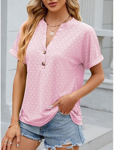  Dames T-shirt Effen Casual Korte mouw Gekerfde nek Normale tops Dagelijks Weekend Knop Wit Blozend Roze Paars Groen Zomer