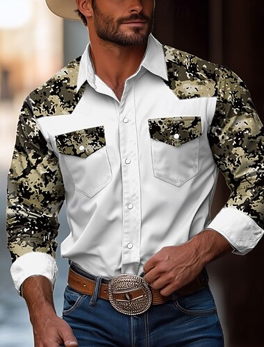  Per uomo Mimetico Camicia occidentale Manica lunga Occidentale Sportivo Primavera Autunno Collo ripiegabile Abbottonare 2 tasche Nero Bianco Verde