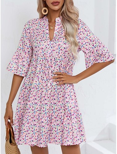  Damen Minikleid Casual kleid Stilvoll Brautkleider schlicht Urlaub Täglich Regular Fit Blumen Geometrisch 3/4 Ärmel Gekerbter Hals Rosa Sommer