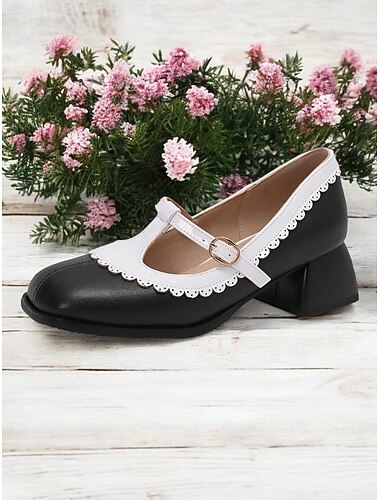  scarpe mary jane blu con cinturino a T da donna, bordi smerlati e tacco a blocco spesso – scarpe carine ed eleganti per abbigliamento casual e da lavoro