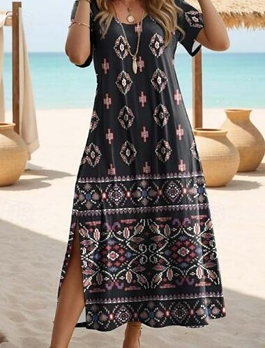  Mujer Maxi Dress T Shirt Dress Tee Dress Sundress Shift Dress Vintage Butterfly Sleeve Vacation Beach Regular Fit Floral Bohemian Short Sleeve Crew Neck Negro Verano Primavera