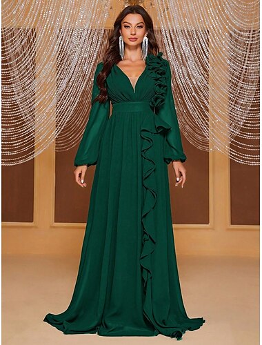  Trapèze Robes de soirée Elégant Robe Formel Mariage Longueur Sol manche longue Col V Mousseline de soie avec Volants Fleur de l'effroi 2025