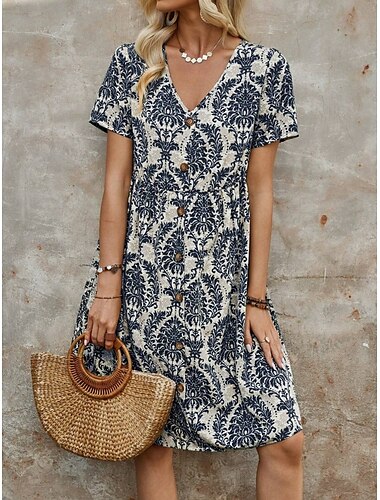  Women's Mini Dress Petite Dress Casual Dress Boho Chic Dresses T Shirt Dress Tee Dress Boho Dress Bohemia Vintage Casual Vacation Daily Loose Fit Floral Short Sleeve V Neck Blue Green Summer Spring