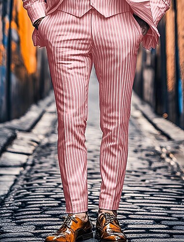  Homens Social Calças chinês Botões Bolsos Listra Conforto Formal Festa Trabalho Moda Estilo Clássico Rosa Azul Micro-Elástica