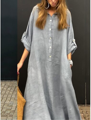  Damen Maxikleid Baumwoll-Leinen-Kleider Freizeitkleid Basic Lässig Urlaub Täglich Normale Passform Einfach Langarm Hemdkragen Rosa Grün Grau Frühling Herbst