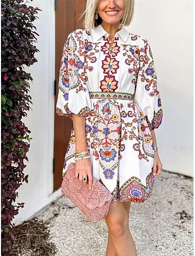  Dame Mini kjole Kjole med A-linje Boho-kjole Elegant Bohem søt stil Lanterne Erme Feriereise Daglig Stevnemøte Løstsittende Grafisk Halvlange ermer V-hals Hvit Sommer Vår Høst