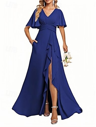  A-Line Bridesmaid Dress V Neck Short Sleeve Elegant Floor Length Chiffon with Ruffles / Split Front / Ruching