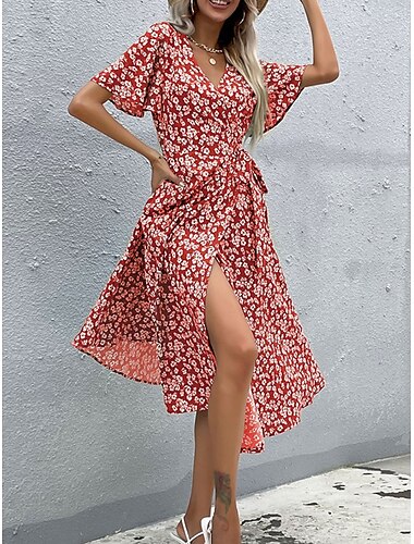  Femme Robe mi-longue Robe casual Robe Trapèze mode Décontractées Vacances du quotidien Standard Floral Manche Courte Col V Vin Eté
