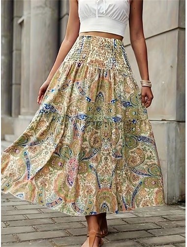  Dames Rok A-lijn Modieus Casual Midi Medium Taille Rokken Geometrisch Afdrukken Micro-elastisch Straat Dagelijks Wijn Geel Zomer Polyester
