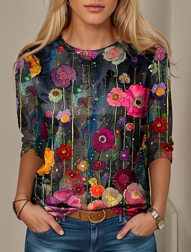 Női póló kerek nyakú hosszú ujjú tunika olajfestmény virágokkal hétköznapi normál felsők napi nyomtatás fekete tavasz ősz   Női póló kerek nyakú hosszú ujjú tunika olajfestmény virágokkal hétköznapi normál felsők napi nyomtatás fekete tavasz ősz