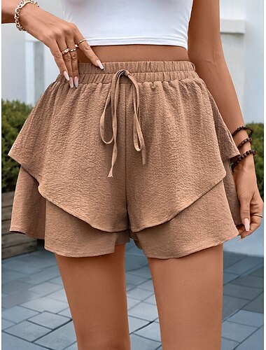  Mulheres chinês Calção Moda Roupa de rua Curto Cintura Alta Tecido Frufru Cintura elástica Confortável Macio Micro-Elástica Ao ar livre Rua Café Verão Normal