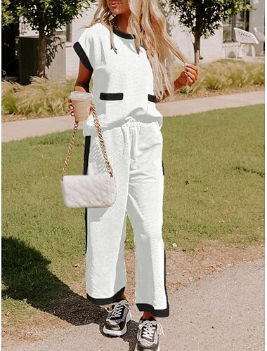  Women's Fashion Streetwear Daily T Shirt Wide Leg Pants Short Sleeve Crew Neck Plain Casual Daily Black White Summer Regular Fit