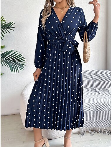  Women's Maxi Dress Casual Dress A Line Dress Stylish Casual Vacation Daily Regular Fit Polka Dot Long Sleeve V Neck Wine Navy Blue Spring Fall