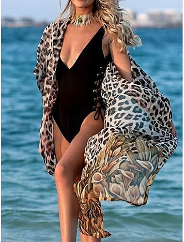  Damen Badeanzug Bikinis 2 Stück Bademode Rückenfrei Schlank Urlaub Strandbekleidung Leopard V Ausschnitt Ärmellos Badeanzüge