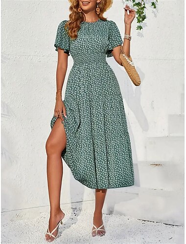  Damen Midikleid Casual kleid Schaukelkleid A Linie Kleid Stilvoll Brautkleider schlicht Urlaub Täglich Regular Fit Blumen Kurzarm V Ausschnitt Grün Sommer