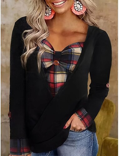  Damen Normal Tunika Modisch Brautkleider schlicht Langarm Asymmetrischer Hals Normale Oberteile Täglich Knopf Schwarz Frühling Herbst