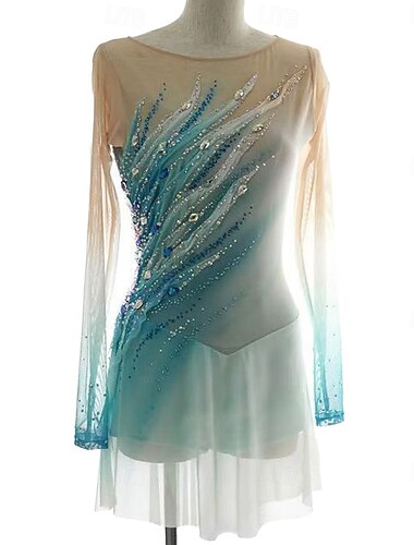  Eiskunstlaufkleid Damen Mädchen Eislaufen Kleider Grün Patchwork Asymmetrischer Saum Gitter Spandex elastisch Ausbildung Praxis Professionell Eiskunstlaufkleidung Kristalle Langarm Eiskundstlauf