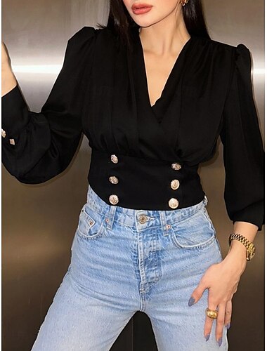  Damen Hemd Bluse Feste Farbe Stilvoll Brautkleider schlicht Langarm V Ausschnitt Crop Tops Täglich Knopf Schwarz Weiß Sommer Frühling