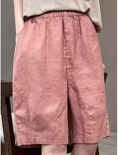  Mujer Pantalones cortos inspirados en el lino Pantalones de lino y algodón Fresco Moda Ropa de calle Longitud de la rodilla Media cintura Plano Bolsillo Cintura elástica Confortable Suave Cómodo