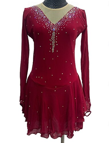  Eiskunstlaufkleid Damen Mädchen Eislaufen Kleider Rot Patchwork Daumenloch Gitter Spandex elastisch Ausbildung Praxis Professionell Eiskunstlaufkleidung Kristalle Langarm Eiskundstlauf