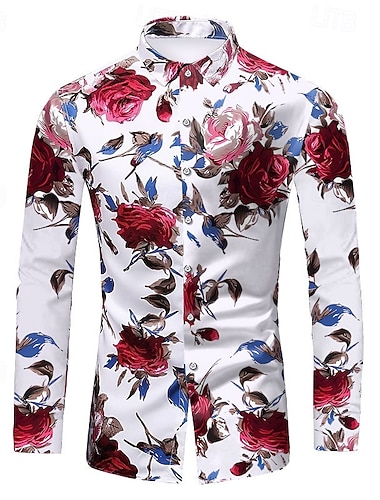  Per uomo Floreale Camicia Camicia con bottoni Manica lunga Vintage Originale Essenziale San Valentino Giornaliero Per uscire Primavera & Autunno Colletto Stampa Nero Rosso Blu