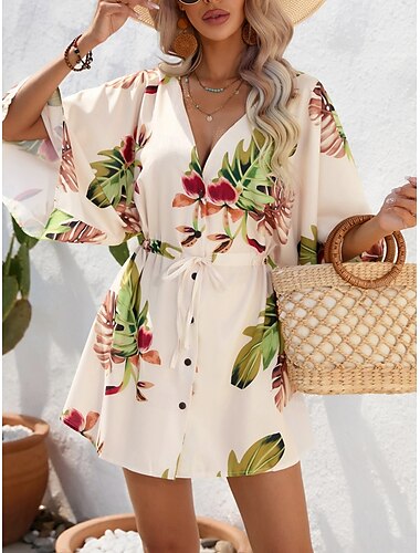  Women's Mini Dress Casual Dress A Line Dress Stylish Casual Vacation Daily Regular Fit Floral 3/4 Length Sleeve V Neck Blue Apricot Summer