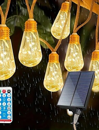  Guirnalda de luces solares para acampar al aire libre con control remoto: luces de hadas impermeables de 7 m y 16 led para terraza, vacaciones, bodas, fiestas, decoración de jardines y balcones