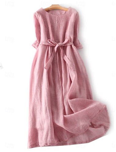  Femmes Robe maxi Robes en coton et lin Robe Décontractée Robe évasée Robe longue en coton Basique Occasionnel Vacances Quotidien Coupe régulière Uni Manche 3/4 Col ras du cou Jaune Rose Claire Été