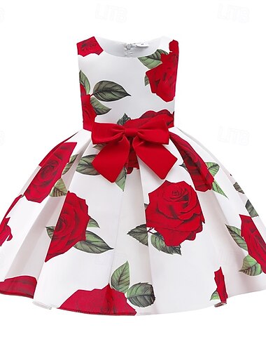 Infantil Para Meninas Vestido de festa Floral Sem Manga Espetáculo Aniversário Nó de gravata Lindo Doce Poliéster Altura dos Joelhos Vestido de festa Vestido Swing Vestido A Line Verão 4 anos + Preto