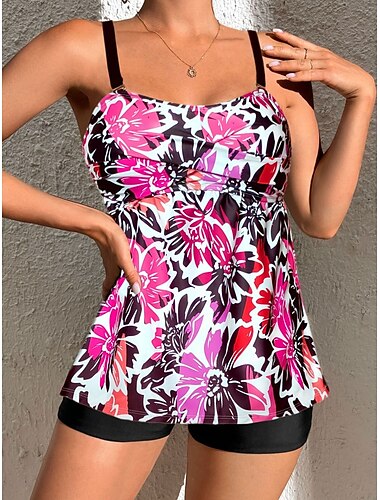  Femme Maillots de Bain Tankini 2 pièces Jambe de garçon Maillot de bain Dos Nu Taille haute Vacances Tenues de plage Floral Col V Sans Manches Maillots de bain
