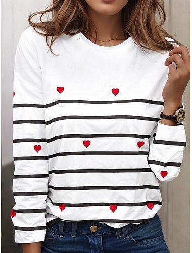  Dames T-shirt Hart Gestreept Casual Lange mouw Strakke ronde hals Normale tops Dagelijks Afdrukken Wit Lente Herfst