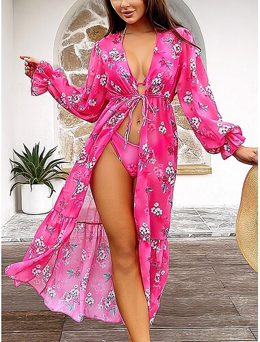  Femme Maillots de Bain Trois pièces Maillot de bain Dos Nu Mince Vacances Tenues de plage Floral Col V Sans Manches Maillots de bain