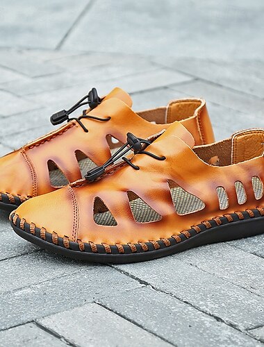  Freizeitsandalen aus Kunstleder für Herren mit ausgehöhlten Details – handgenähtes Design mit verstellbarem Kordelzug, leicht und atmungsaktiv für den Sommer im Freien