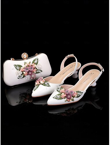  vintage-kukkakoristeiset valkoiset kitten-korkokengät ja yhteensopiva clutch-laukkusarja naisille - ihanteellinen häihin ja muodollisiin tilaisuuksiin
