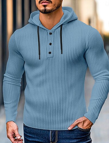  Herre Ribstrikket t-shirt Tee Top Lang ærmet skjorte Langærmet Hætte Henley Forår & Vinter Helfarve Daglig Afslappet Gadestil Hætte udendørs Gade Afslappet Lyseblå Sort Hvid Top T-shirt til mænd