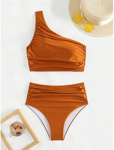  Damen Badeanzug Bikinis 2 Stück Unterhosen Bademode Rückenfrei Schlank Hoch tailliert Urlaub Strandbekleidung Feste Farbe Asymmetrischer Hals Ärmellos Badeanzüge