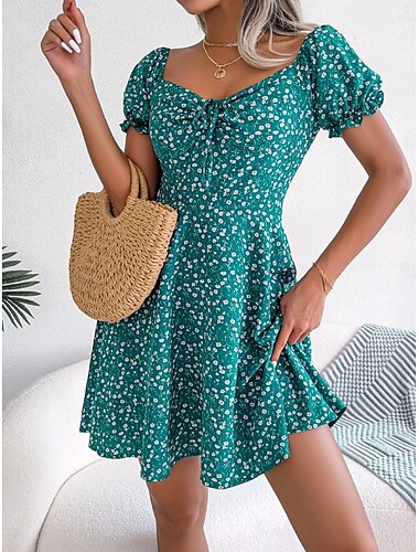  Femme Mini robe Robe casual Robe Trapèze mode Décontractées Vacances du quotidien Standard Floral Manche Courte Col Carré Rouge Vert Eté Printemps