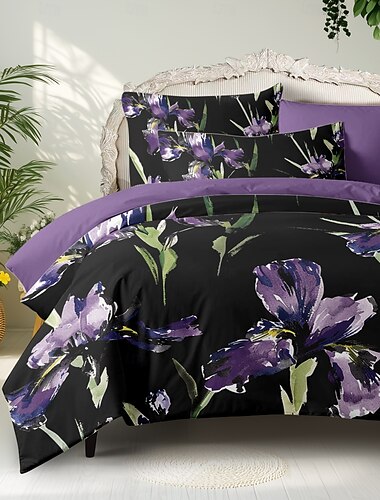  paarse zwarte bloemenserie dekbedovertrekset king queen size 3-delige set microvezel beddengoedset perfect als moederdagcadeau superzacht huidvriendelijk langdurig